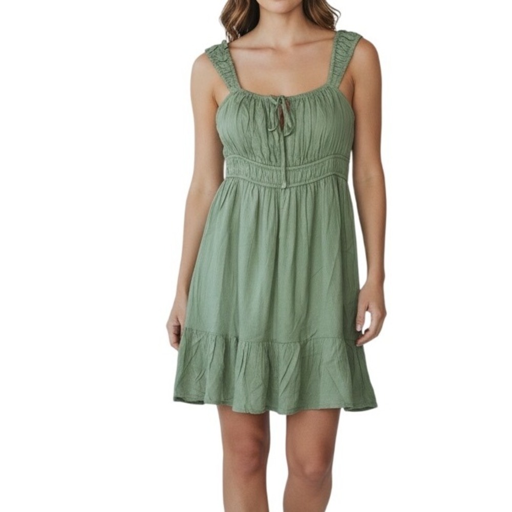 Luna Skies Green Smocked‎ Waist Tie Neck Mini Dress Women Sz M Rayon Linen Blend